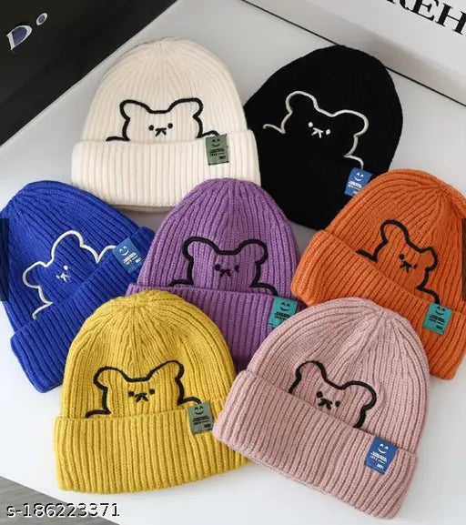 Knitted beanie caps in various colors: orange, purple, blue, pink, yellow, with embroidered bears. Pack of 1