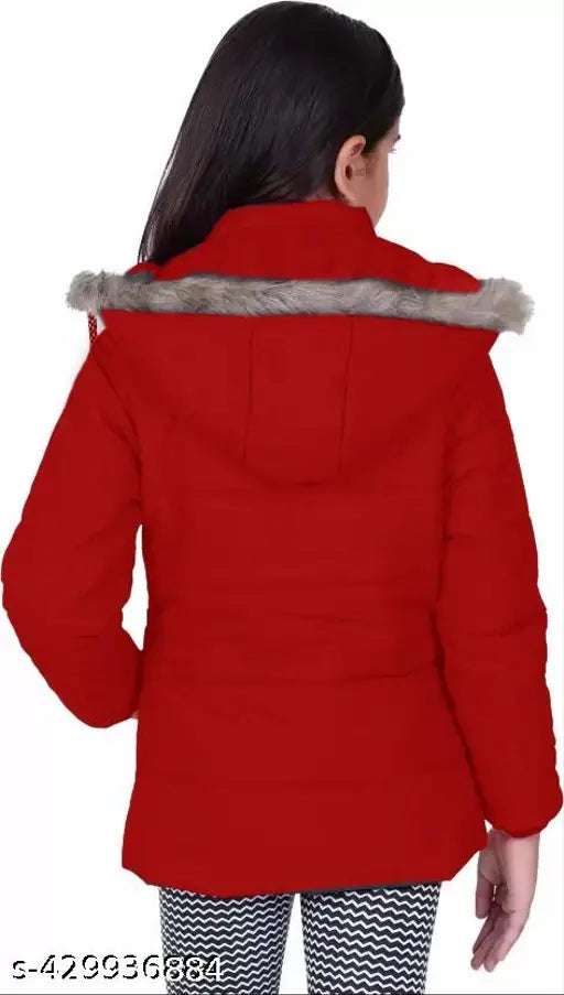 Red padded winter coat with fur trim