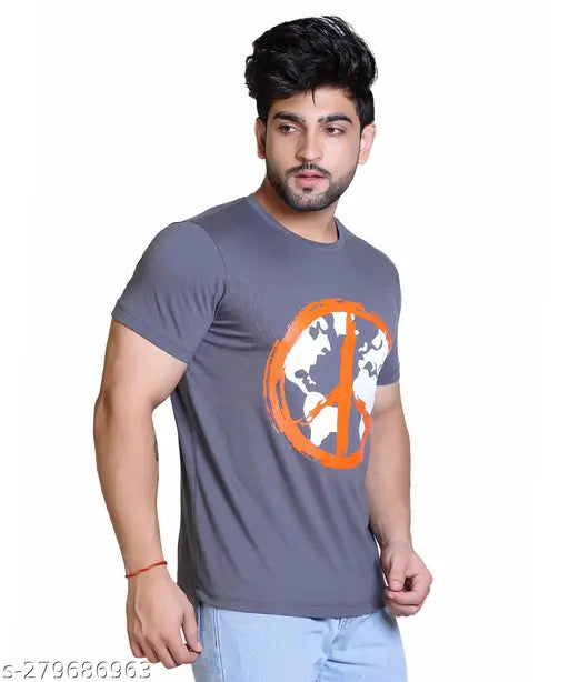 Starfox Men'S Steel Grey Half Sleeve Round Neck Graphic Print Cotton Blend Tshirt
