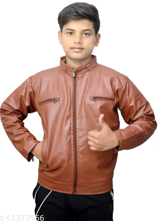 Brown leather boy's winter jacket with zip closure