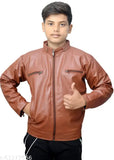 Brown leather boy's winter jacket with zip closure