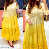 Winter maxi gown, yellow lurex fabric, long skirt, sleeves with ruffle trim