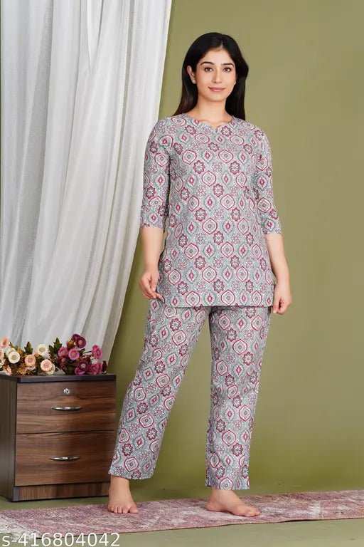 Grey cotton printed night suit and pyjama coord set for women, stylish combo print with V-cut round neck