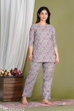 Grey cotton printed night suit and pyjama coord set for women, stylish combo print with V-cut round neck