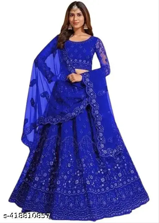 Embroidered net lehenga-choli set for women, free size. Handcrafted Indian bridal lehenga with embellished choli and dupatta