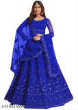 Embroidered net lehenga-choli set for women, free size. Handcrafted Indian bridal lehenga with embellished choli and dupatta