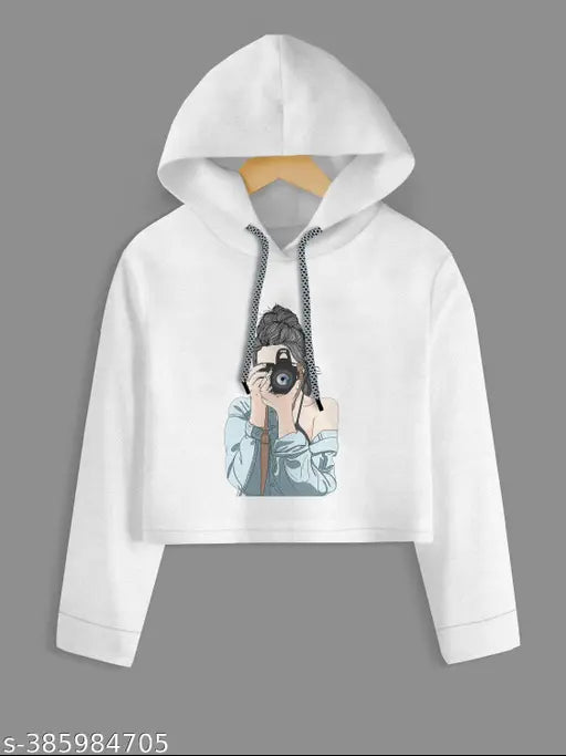 White cotton blend crop top hoodie with printed net pattern, suitable for teens aged 10-16