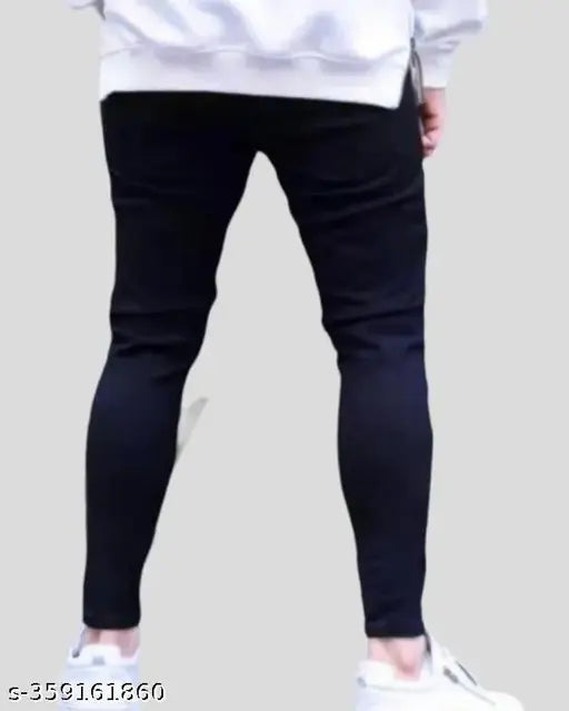 Denim skinny jeans for men, mid-rise with 81% cotton, 17% polyester, 2% elastane. Stylish and comfortable slim fit, flat front design with zip fly and buttoned waist, suitable for machine wash, size options: 28 (28waist/39length/30hip), 30 (30waist/39length/32hip), 32 (32waist/39length/34hip), origin India