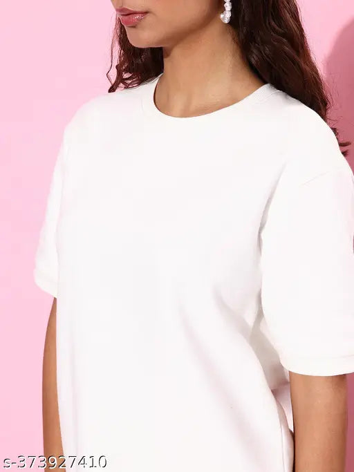 White cotton women's oversized sweatshirt, solid pattern, short sleeves, size L (bust 43in, length 28in), India-made