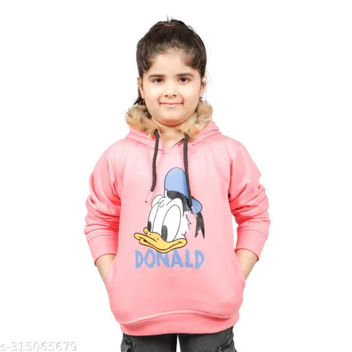 Wool Donald duck printed girls hoodie for winter, pink and comfortable fleece fabric for kids ages 3-15, made in India