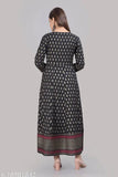 Black embellished printed rayon Anarkali kurta with three-quarter sleeves, Indian women's fashion on mannequin