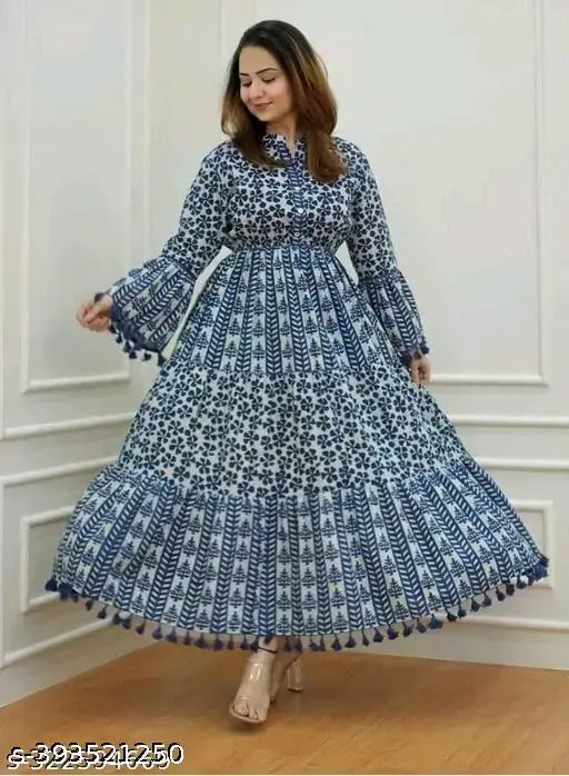 Women's rayon Anarkali kurti with pom pom work, long sleeves, printed pattern in Indian design