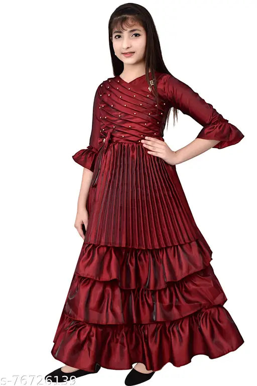 Maroon silk frock dress for girls, embellished net pattern, comfortable everyday wear (7-8 years size)