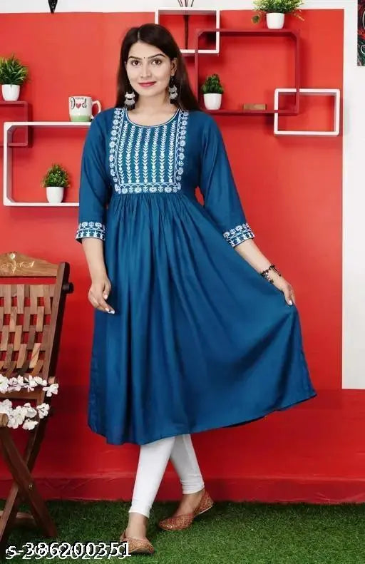Rayon kurtis for women, solid embroidered anarkali set in three-quarter sleeves. Indian fashion for events, functions, and weddings