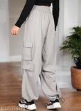 Grey cargo-style women's track pants with multiple pockets, elastic waist, ideal everyday and active wear
