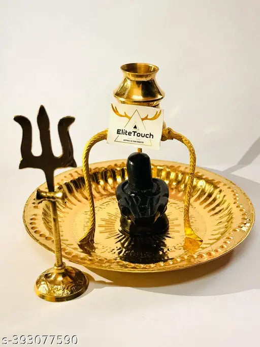 Brass Shivling Stand with black marble Shivling and trishul for Puja and Abhishek, Indian Shiva Lingam set