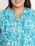 Turquoise blue and white abstract printed plus size mandarin collar top, viscose rayon, three-quarter sleeves, 4XL, made in India