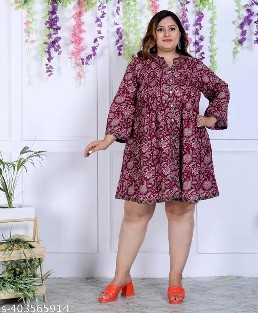 Multicolor cotton A-line dress with three-quarter sleeves, printed net pattern for women. Available in various sizes from XXL to 8XL, origin India