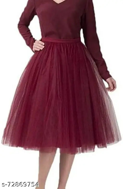 Maroon tulle skirt, midi length, ruffled hem