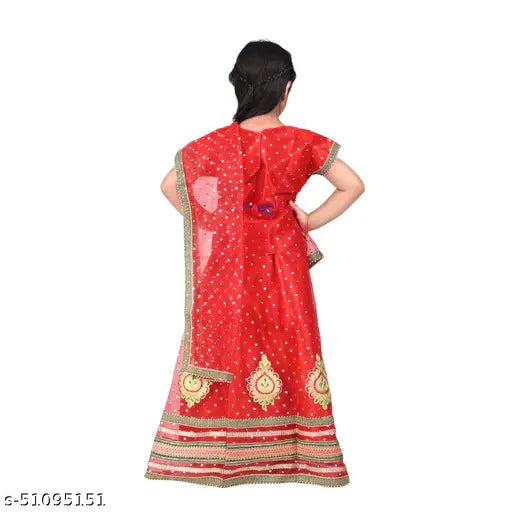 Multicolor lehenga top and dupatta set for kids, embellished net fabric Gujarati garba dress for Navratri Dandiya dance, Indian folk dance costume on display