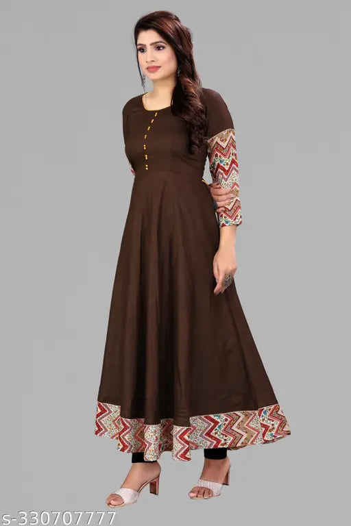 Coffee rayon long solid border tussle tie Anarkali kurti, casual wear for women's daily use or special occasions. Indian-made, comfortable and versatile