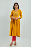 Yellow embroidered viscose rayon Anarkali Kurta with lace detailing, perfect for parties and weddings. Made in India." (124 characters)