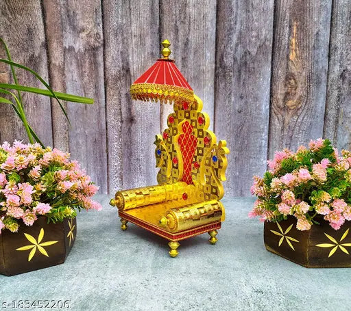 Golden wooden Singhasan (9 inches) for Lord Laddu Gopal - handcrafted antique design, perfect for home pooja ghar or office decor