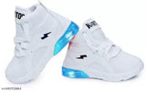 White kids' casual sneakers with LED lights and velcro closures, designed for outdoor sports and little tiny kids