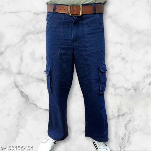 Men's baggy cargo jeans in blue wash denim with belt loops