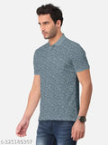 Green cotton blend polo t-shirt with geometric print, perfect for men's casual wear. BULLMER design, made in India