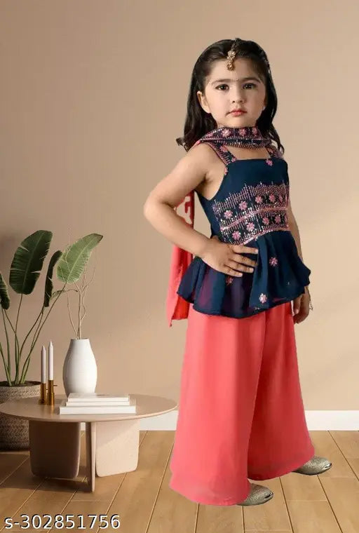 Multicolor pack, poly georgette kurta palazzo set with embroidery. Elegant A-line top and palazzo bottom for festivals or parties, suitable for children aged 1-15 years, Indian origin