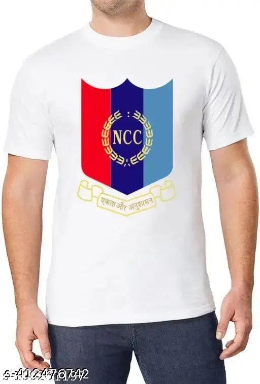 White polyester t-shirt with printed sublimation pattern, NCC brand. Close-up of size M shirt on hanger