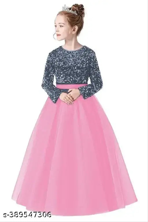 Trendy velvet and net sequin party dress for girls, embroidered with long sleeves, available in various sizes from 3-4 to 15-16 years (India origin)