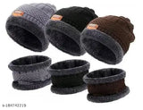 Unisex knit beanie cap and neck warmer set in three colors, wool material