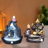 Resin Adiyogi & Ganesha Smoke Fountain (3x5x10cm), Indian-made backflow incense holder with 10 scented cones, black & brown