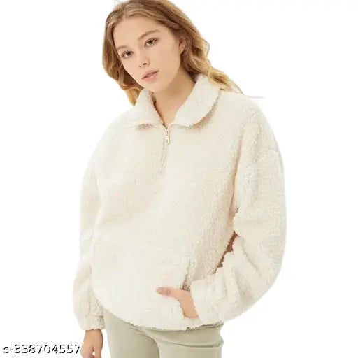 White fleece oversize hoodie for women, half zip sweatshirt with long sleeves - ideal winter wear gift