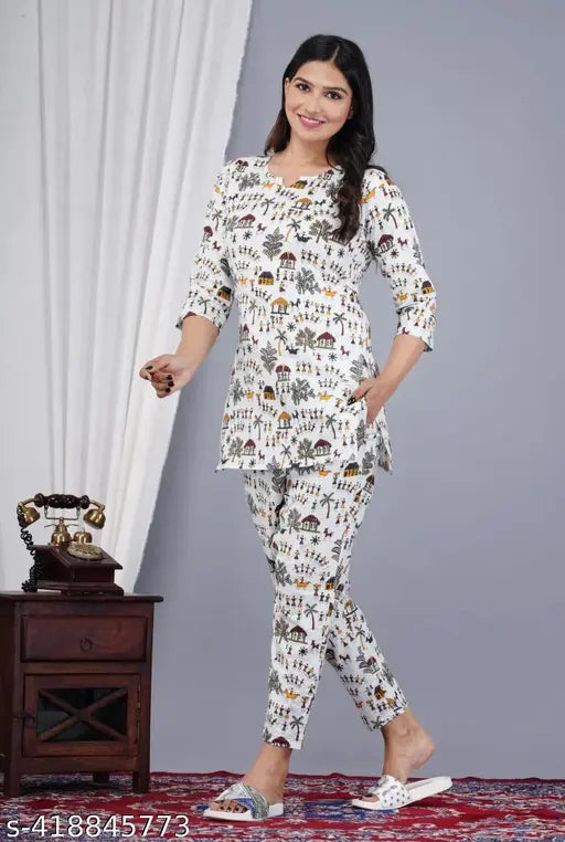 White rayon printed night suit and pyjama co-ord set for women, comfortable loungewear for a relaxing night