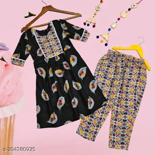 bsf new Creation printed cotton Reyon top and trousers set for kids girls, A-line with three-quarter sleeves in various sizes (4-5Y, 5-6Y, ..., 13-14Y), made in India
