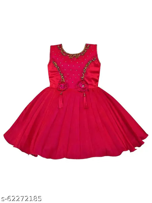 Pink satin frocks dress for baby girls by Silver Kraft, embellished net, sleeveless, 3-6 months size