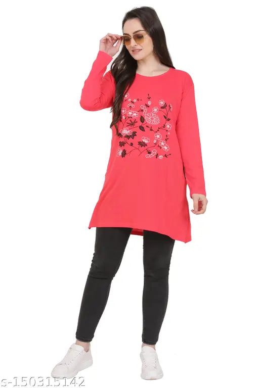 Cotton blend printed long sleeve polo t-shirt for women, vibrant design for casual or nightwear