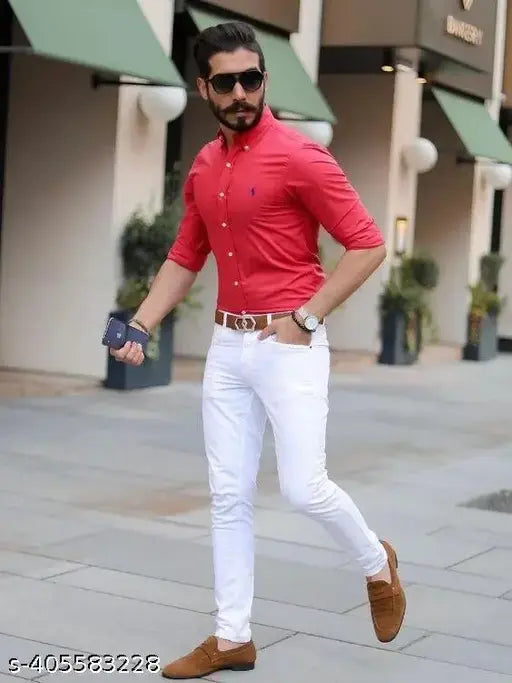 White denim slim fit jeans, plain design for men, cotton blend fabric, size options available