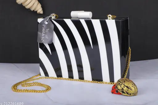 Black and white resin and wood clutch, sling bag, handbag with chain strap