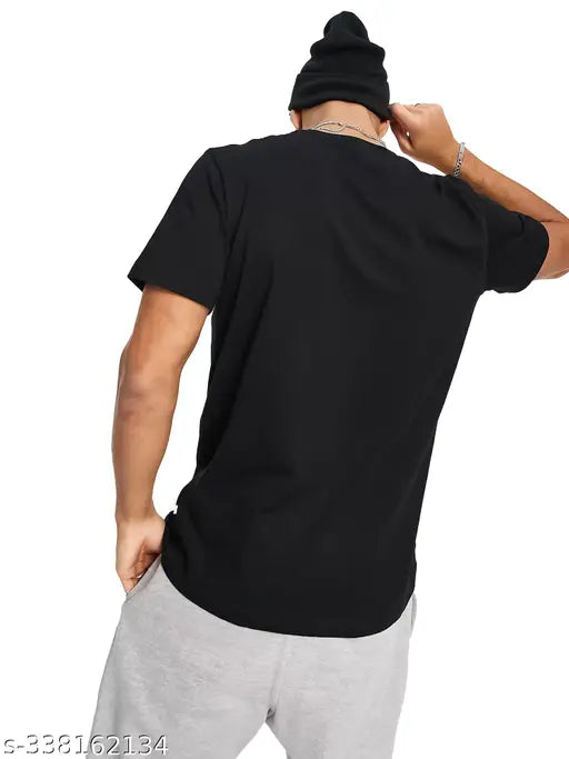 Black and orange cotton blend men's slim fit half sleeve t-shirt with printed net pattern, name: Jump Cuts Round Neck