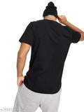 Black and orange cotton blend men's slim fit half sleeve t-shirt with printed net pattern, name: Jump Cuts Round Neck