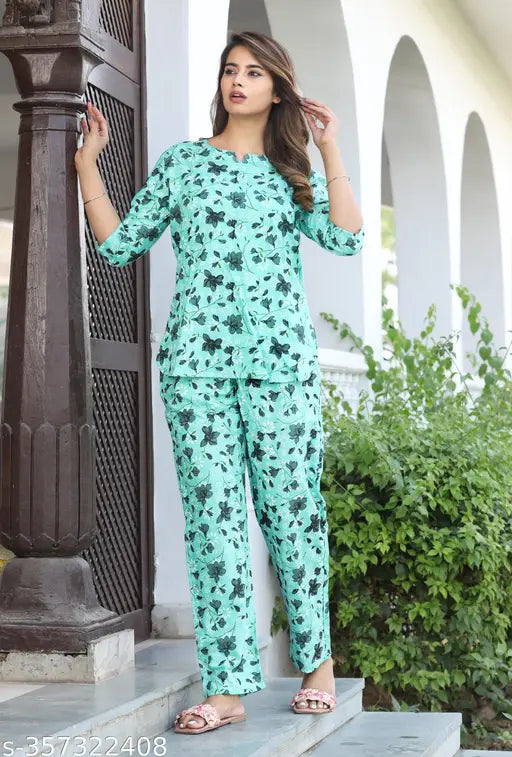 Women's floral printed viscose rayon nightsuit, three-quarter sleeves, Meenakshi Collection new nightwear lineup