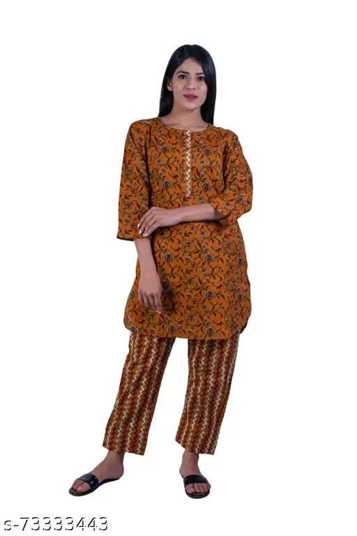 Mustard yellow cotton botanical printed women's pyjama set & mask, soft comfort for dreamy nights