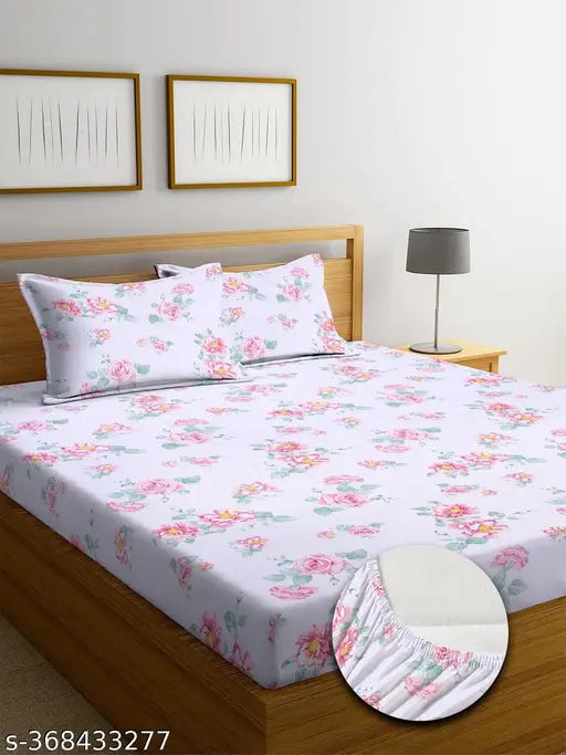 Premium King-size cotton elastic fitted bedsheets, floral print, 2 pillow covers, all-around elastic, 78x72+10 Mattres, RD FABS HOME