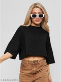 Black cotton crew neck crop tops, short sleeves and loose fit, perfect for women's and girls' casual summer wear