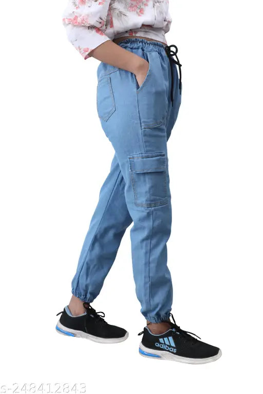 Light blue denim cargo-style joggers for women and girls, comfortable all-purpose pants with high waist tummy control and blended fabrics for elasticity and soft feel. Hand wash, imported from India (Size 28, 29" length)