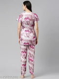 Fashionable satin nightsuit with short sleeves, printed net design. Available in L, XL, and Free Size